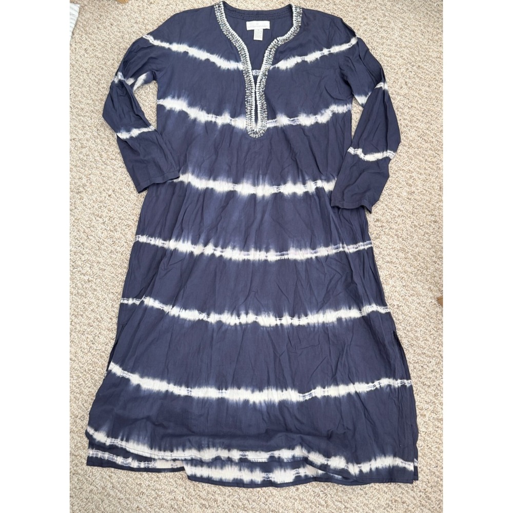 Soft Surroundings Tunic Dress Blue Tie Dye Beads Embellished V Neck Medium